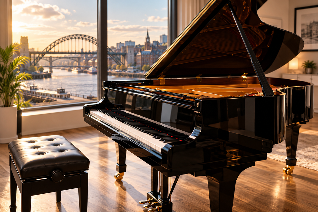 Glossy black grand piano overlooking the River Tyne and Tyne Bridge in Newcastle upon Tyne.